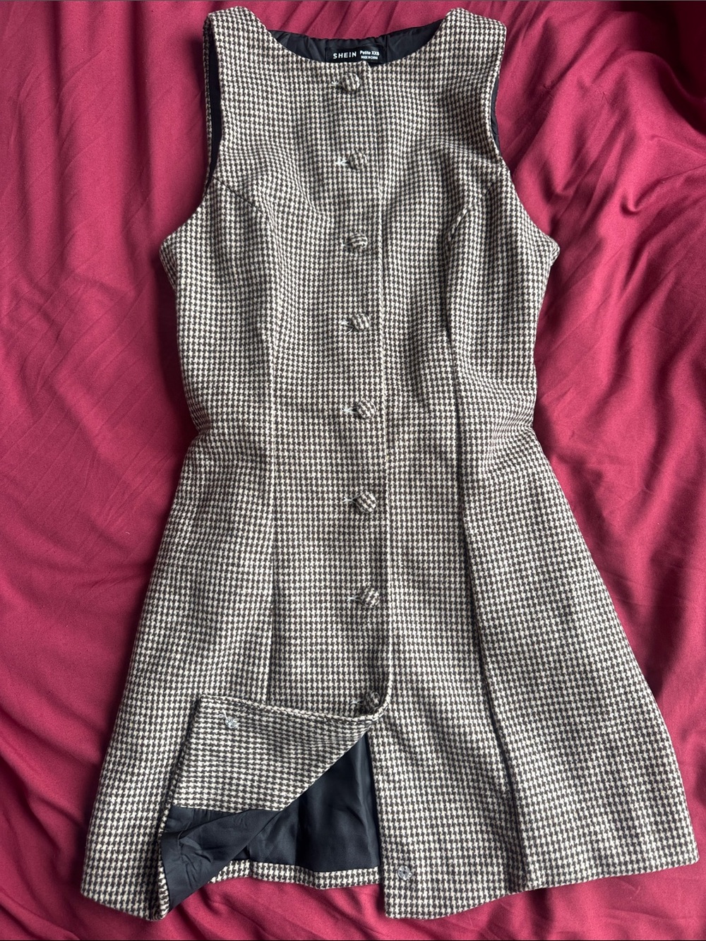 SHEIN Black & White Houndstooth Button-Front Sleeveless Dress